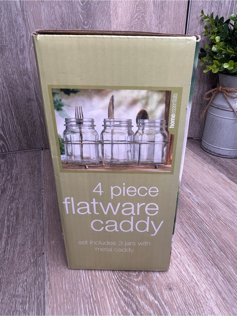 Rustic Flatware Caddy Set – 3 Glass Jars & Metal Rack by Home Essentials NIB - Picture 2 of 4